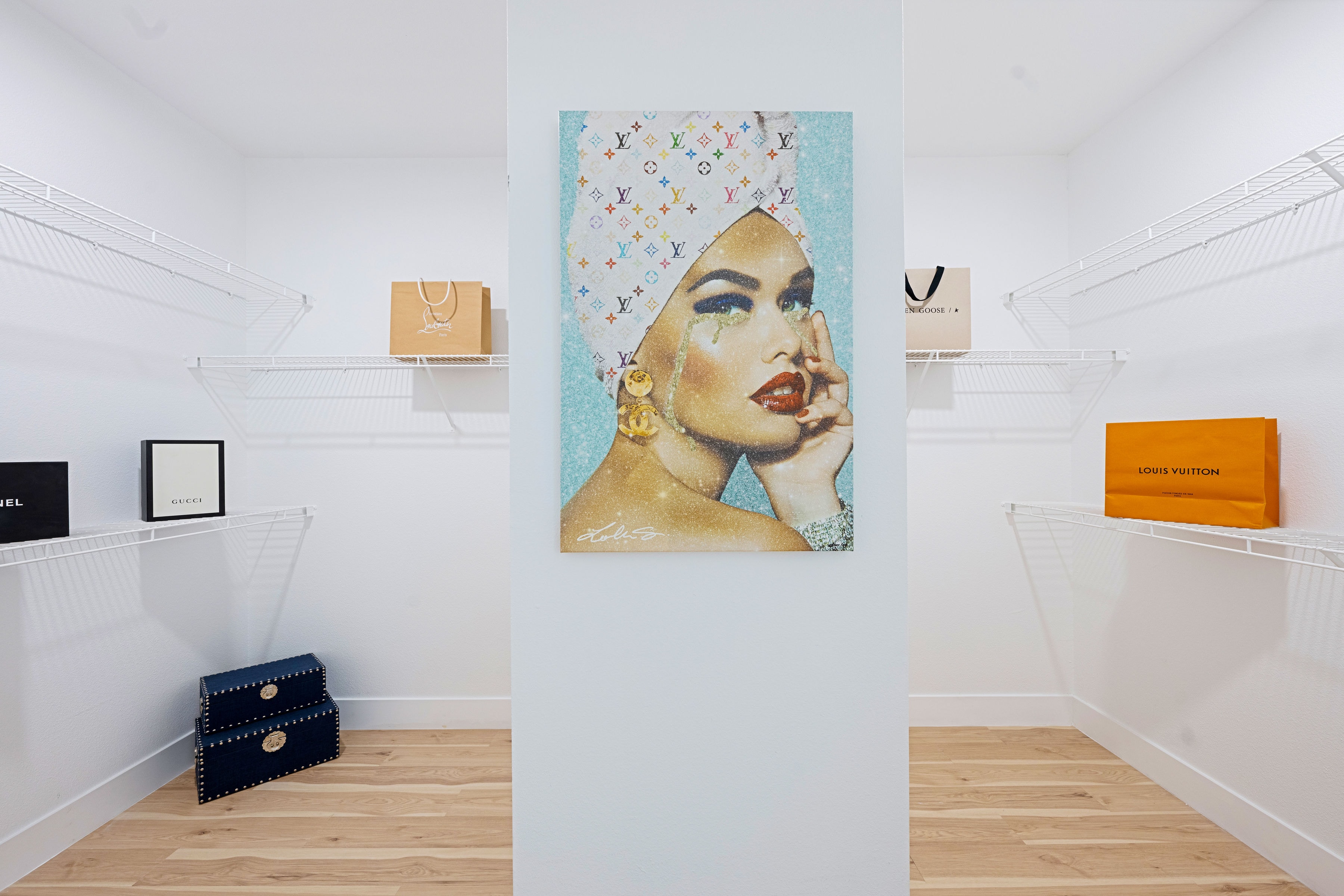 Walk-in closet with wire shelving and designer artwork