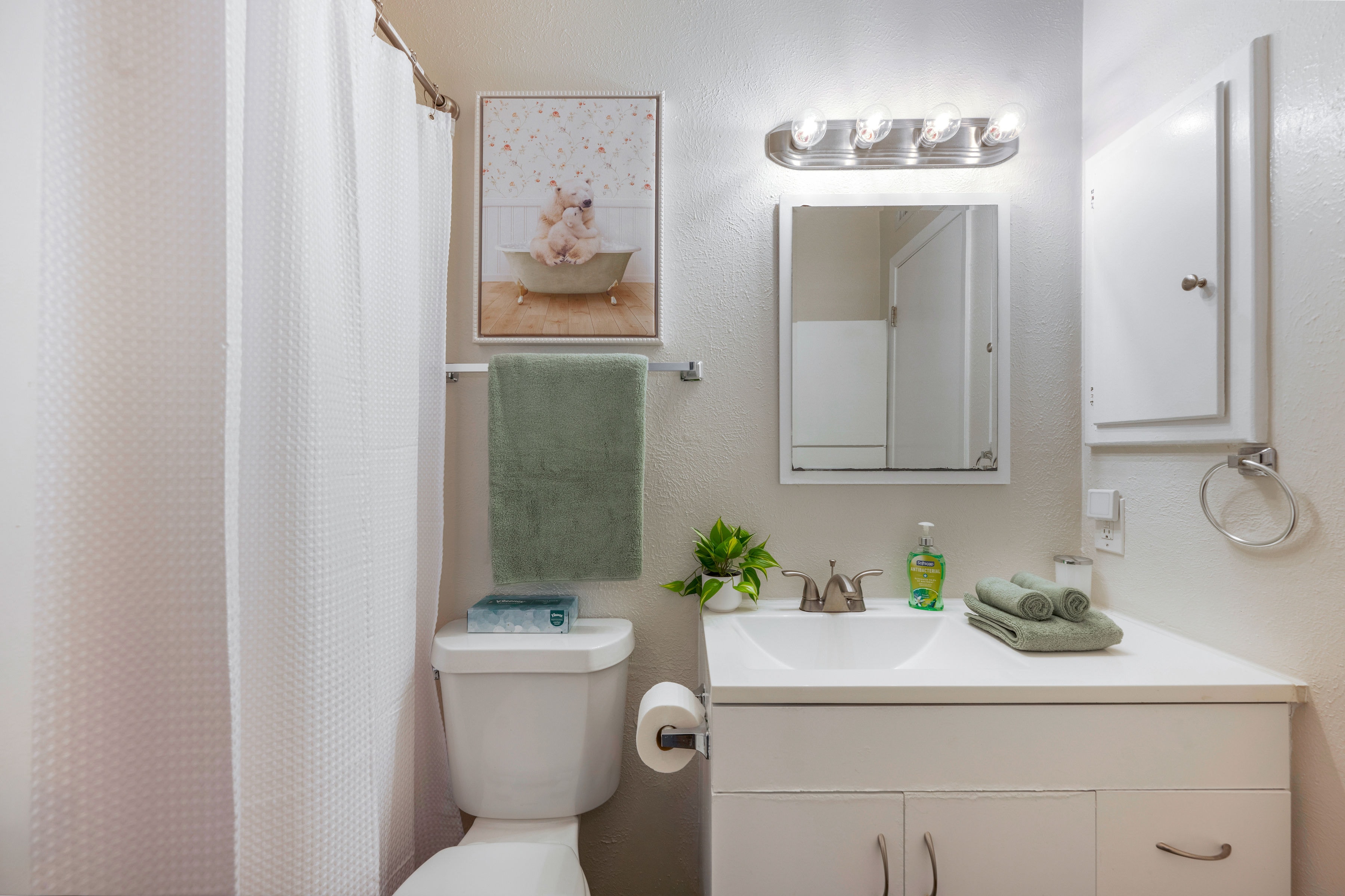 Bathroom with white vanity and shower